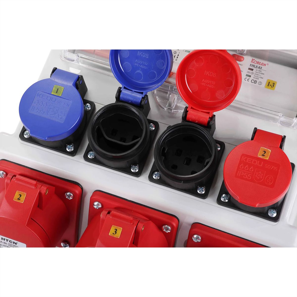 Stromverteiler 32A IP44/IP55 + FI Input , 1xCEE32/5 1xCEE16/5 2xT23 2xT25  , grau