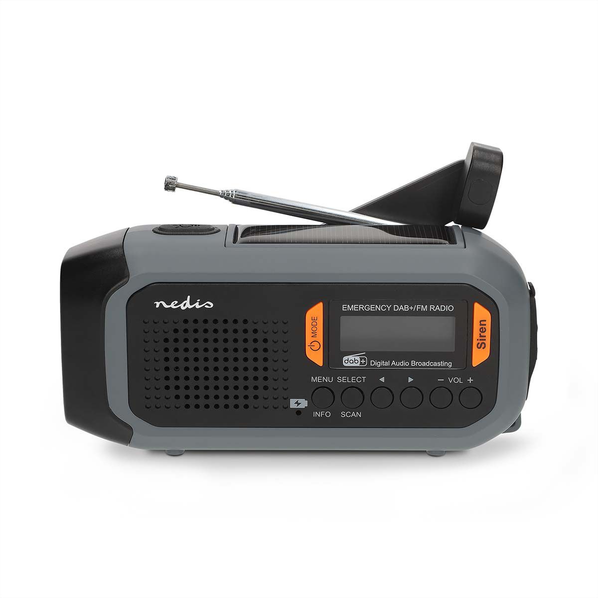 Nedis Notfallradio DAB FM mit Handkurbel Solarpanel und Powerbank, Tragbares Notfallradio fuer Notfaelle, Camping und Outdoor Anwendungen