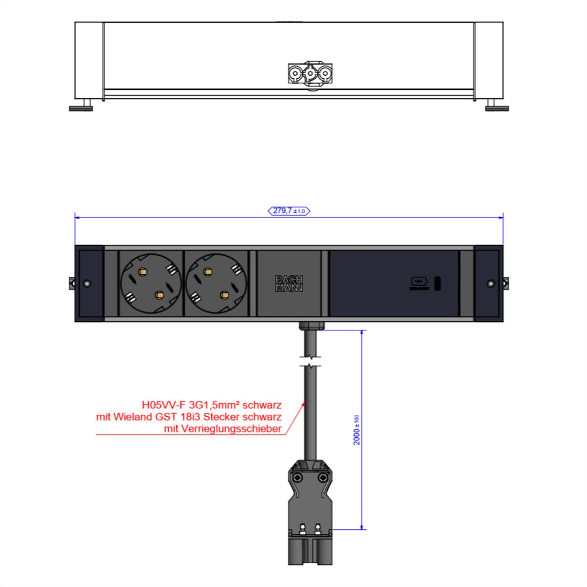 BACHMANN DESK RAIL 2xSchutzkontakt USB C, USB Charger 60W 2,0m GST18