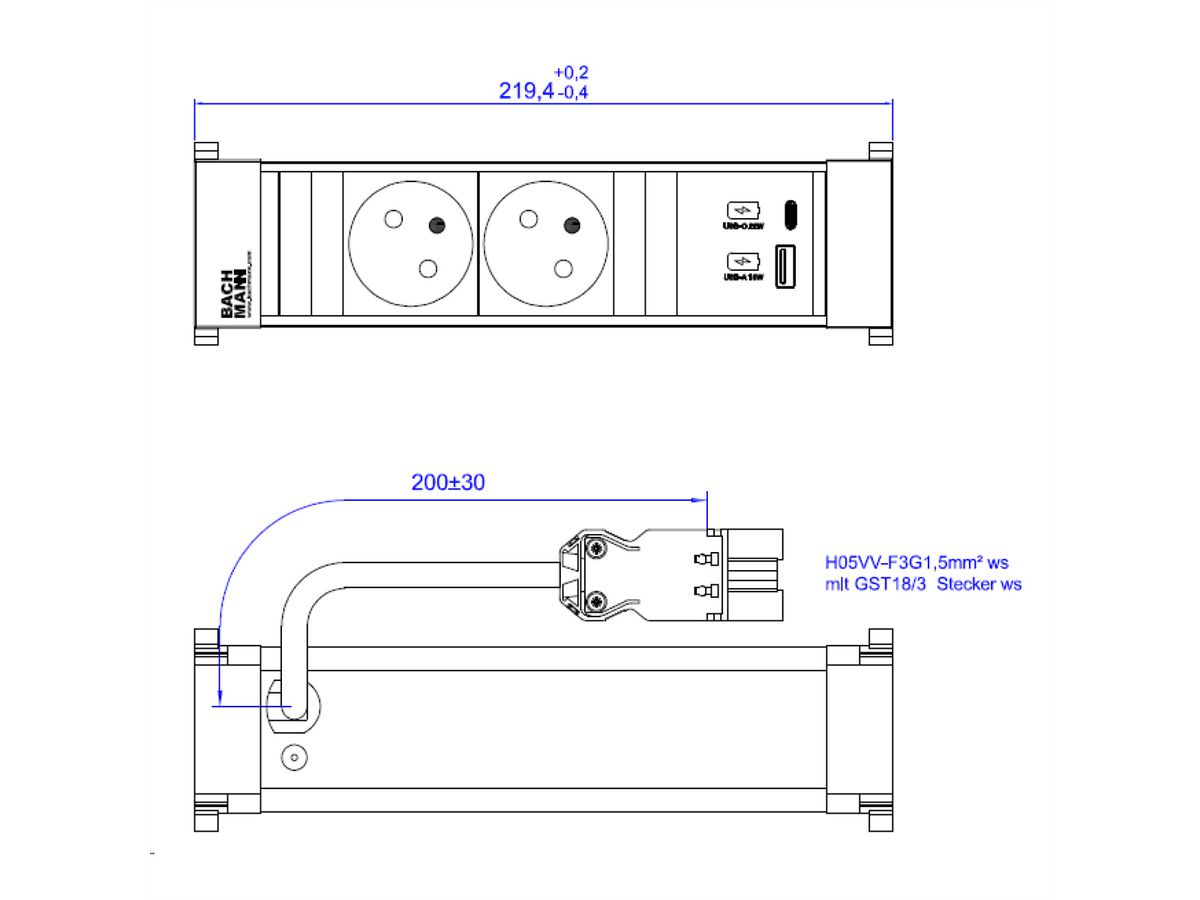 BACHMANN POWER FRAME 2xUTE 1xUSB A/C 22W 0,2m GST18