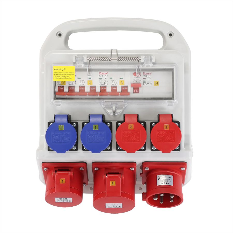 Stromverteiler 32A IP44/IP55 + FI Input , 1xCEE32/5 1xCEE16/5 2xT23 2xT25  , grau