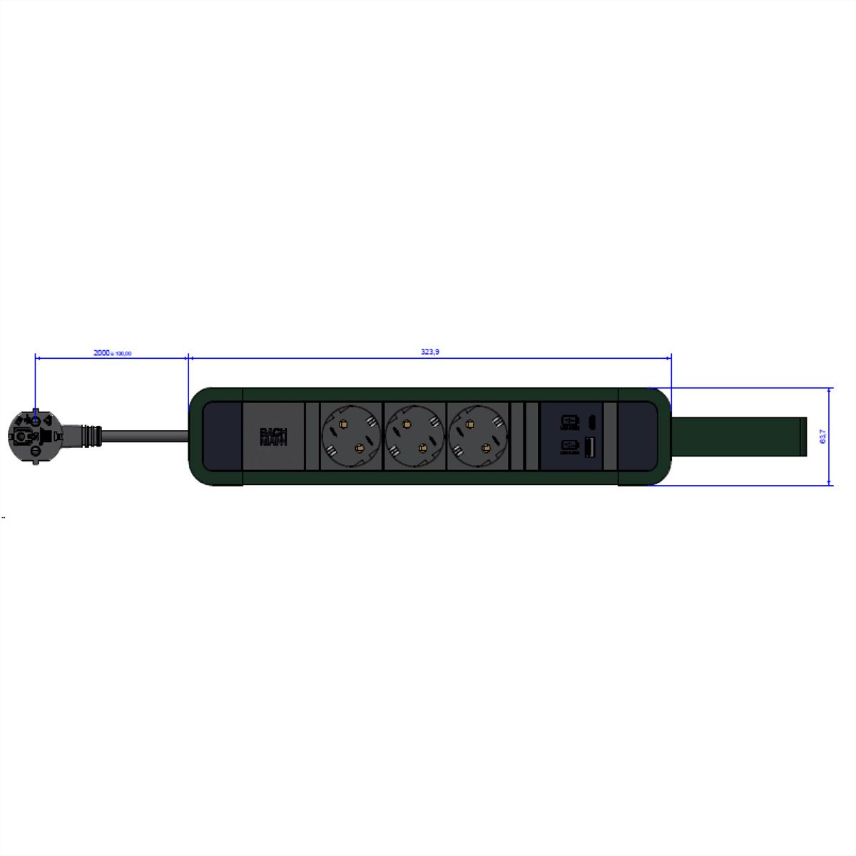 BACHMANN PRIMO 2 3xCEE7/3 1xUSB A/C 22W mit Schlaufe 2m CEE7/7 RAL6028
