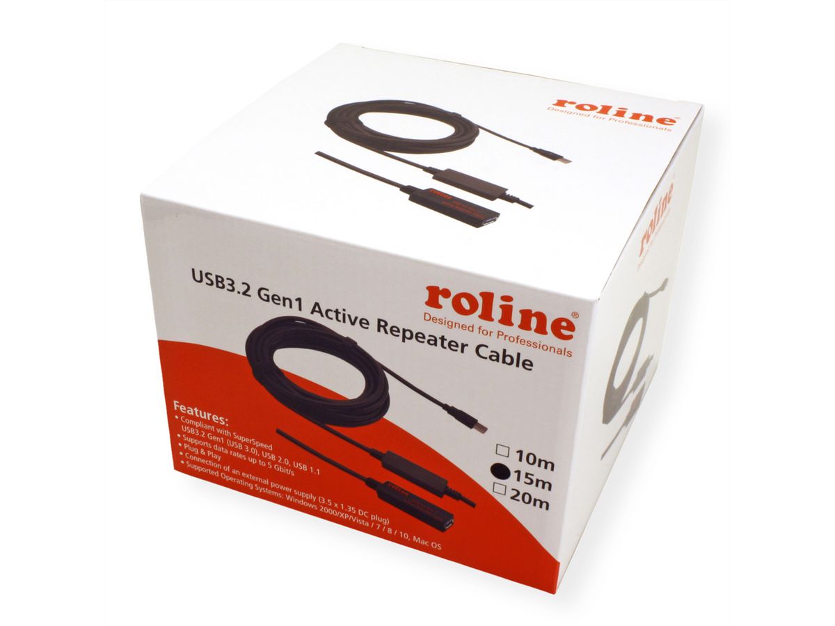 ROLINE USB 3.2 Gen 1 Aktives Repeater Kabel, schwarz, 15 m