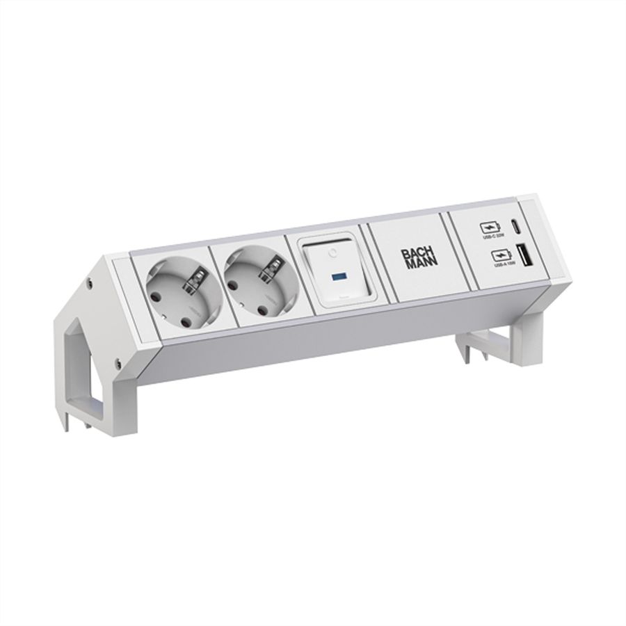 BACHMANN DESK2 ALU WHITE 2xCEE7/3 1xSchalter 1xUSB A/C 22W 0,2m
