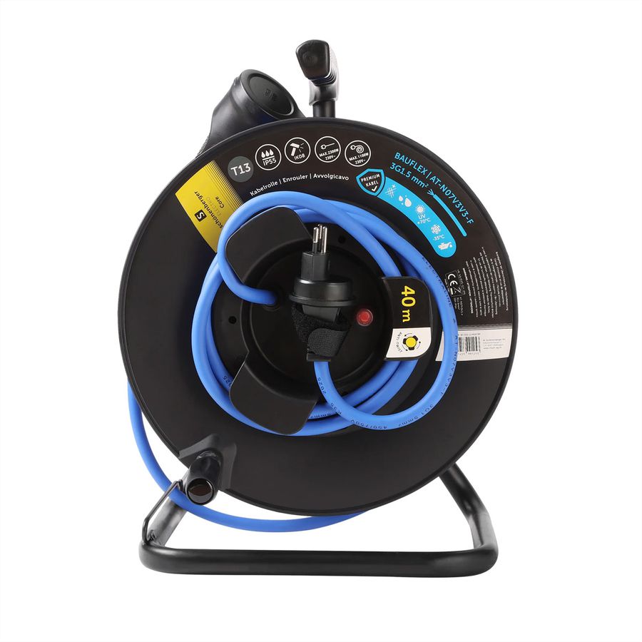 Kabelrolle Antitwist T13 IP55 40m, BAUFLEX N07V3V3-F 3G1.5mm2 IK08, schwarz / blau