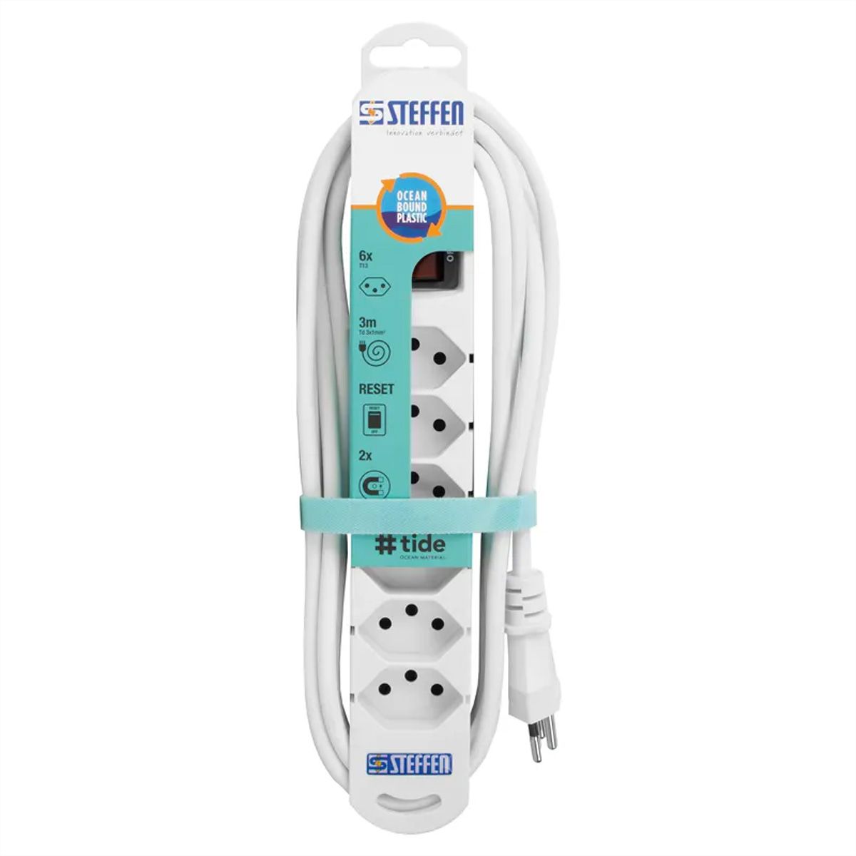 Steffen Multiprise TIDE 6xT13 3m, avec interrupteur et aimant blanc
