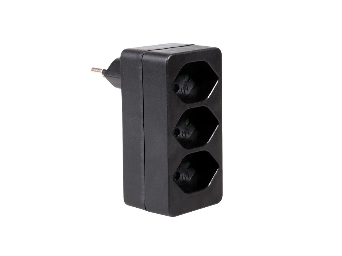 Connecteur de dérivation Schönenberger 3xT13 , Fiche T12 - 10 A, noire, droite