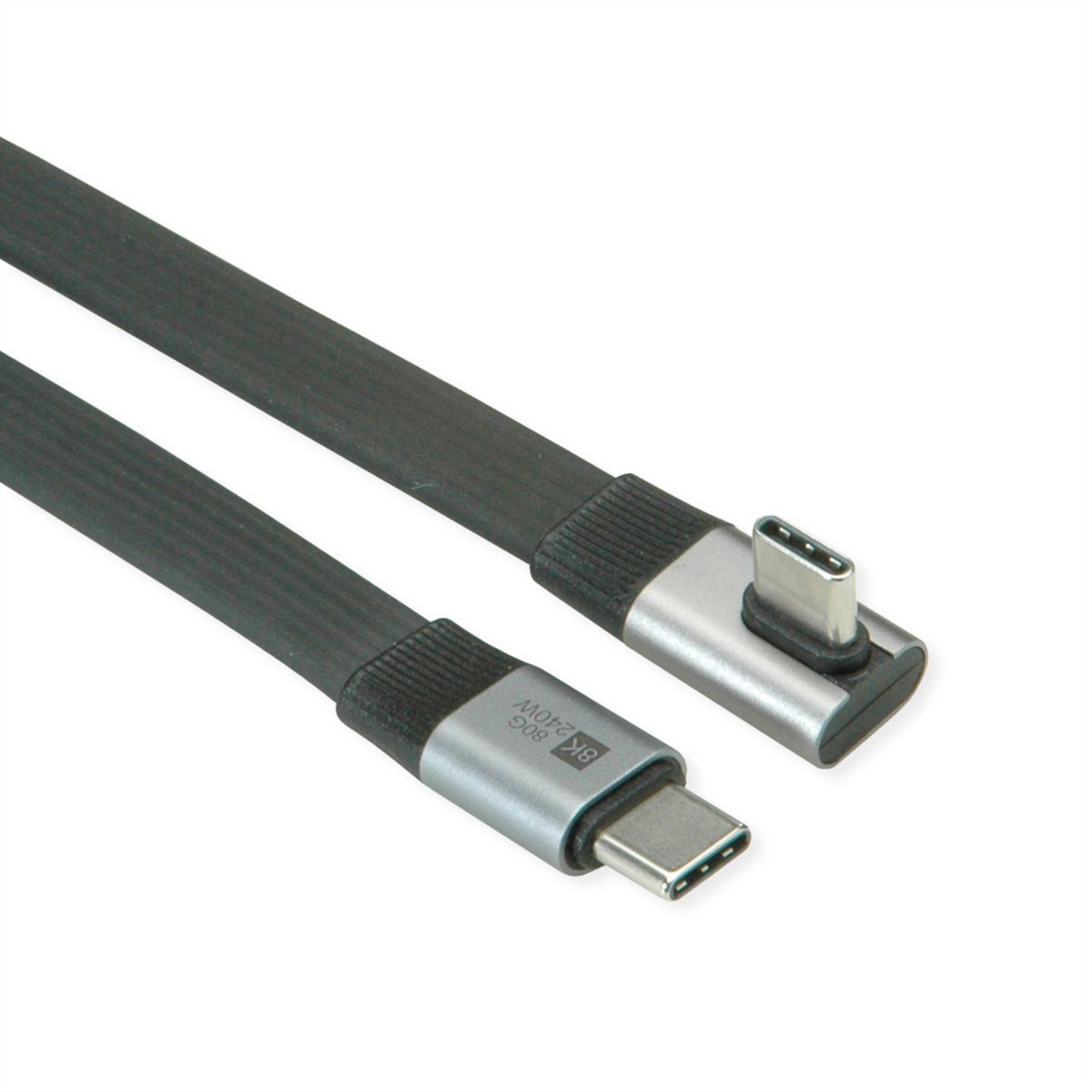 ROLINE USB4 2.0 Flachkabel, C–C, ST/ST, 8K UHD-2, 80Gbit/s, 240W, einseitig 90°-gewinkelt, schwarz, 0,8 m