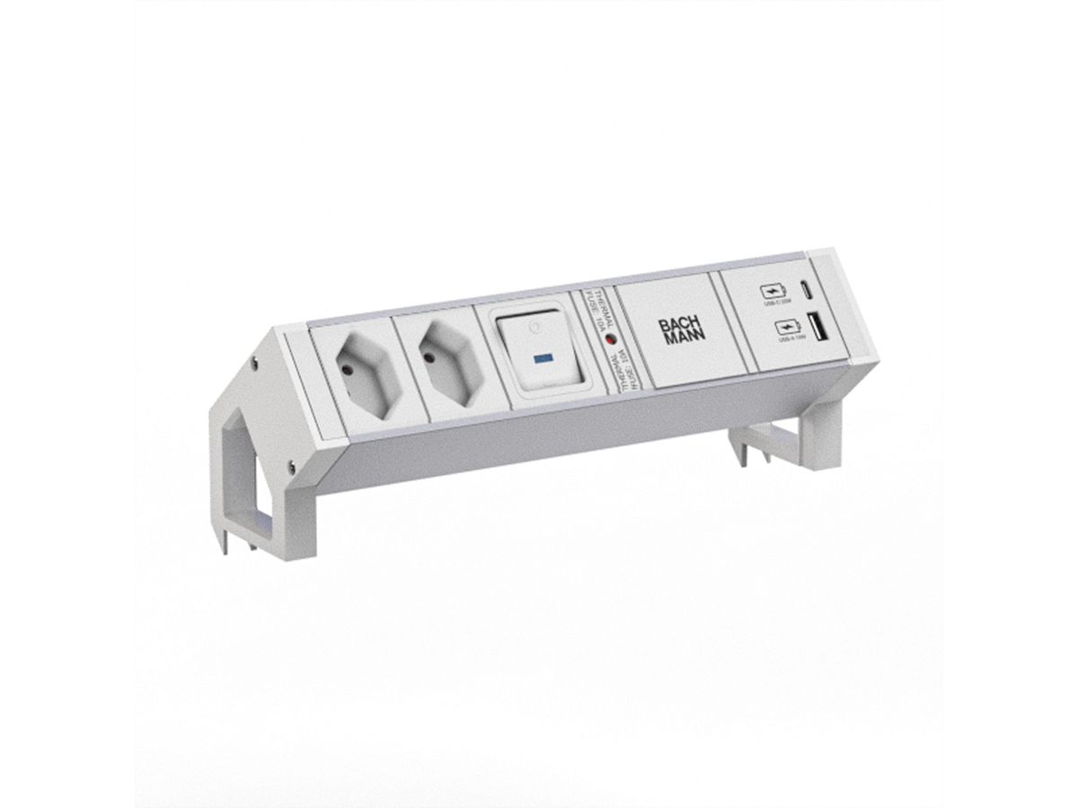 BACHMANN DESK2 ALU WHITE 2xCH 0° 1xSchalter 1xUSB A/C 22W