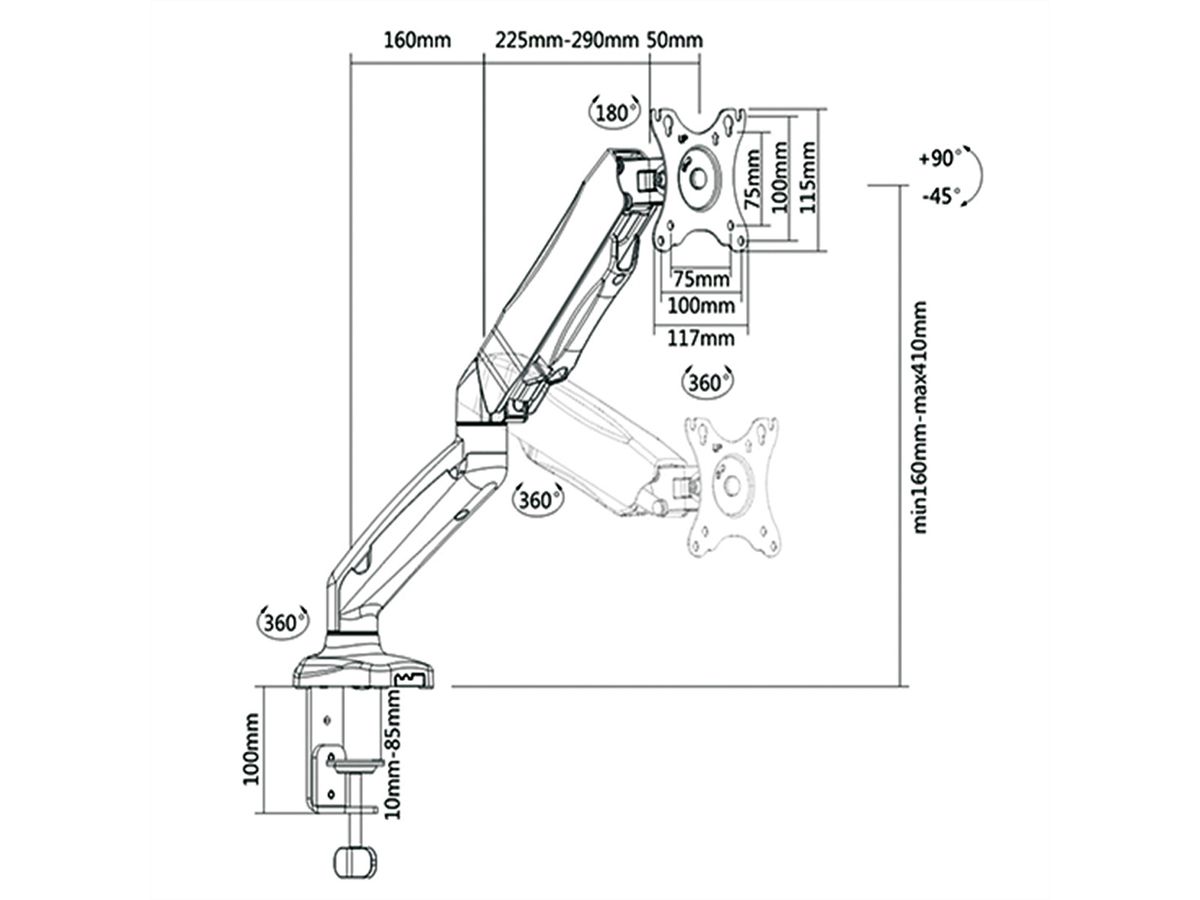 VALUE LCD-Arm, Tischmontage, Gasfeder, 5 Gelenke, 13-27 Zoll, bis 6,5 kg, schwarz