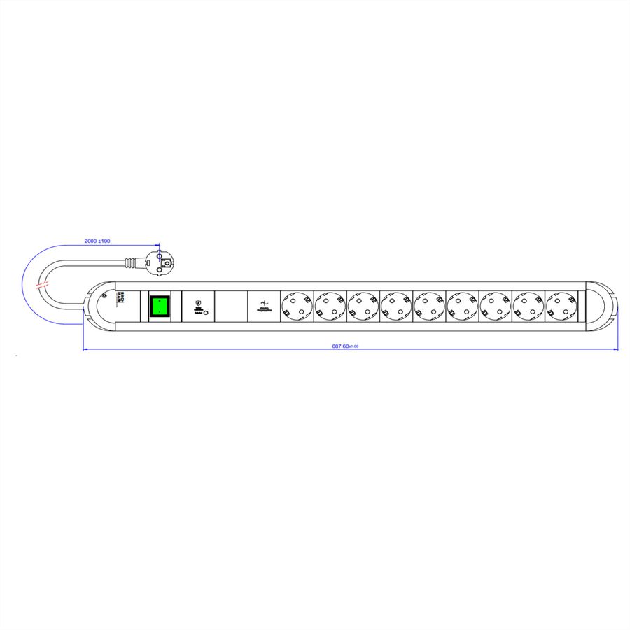 BACHMANN PRIMO 9xCEE7/3 1xGVS-Plus 1xinterrupteur 2,0m CEE7/7