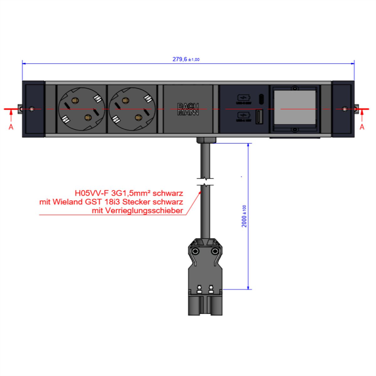 BACHMANN DESK RAIL 2xSchutzkt. USB A&C, USB Charger 22W 1xABD 2,0m GST18