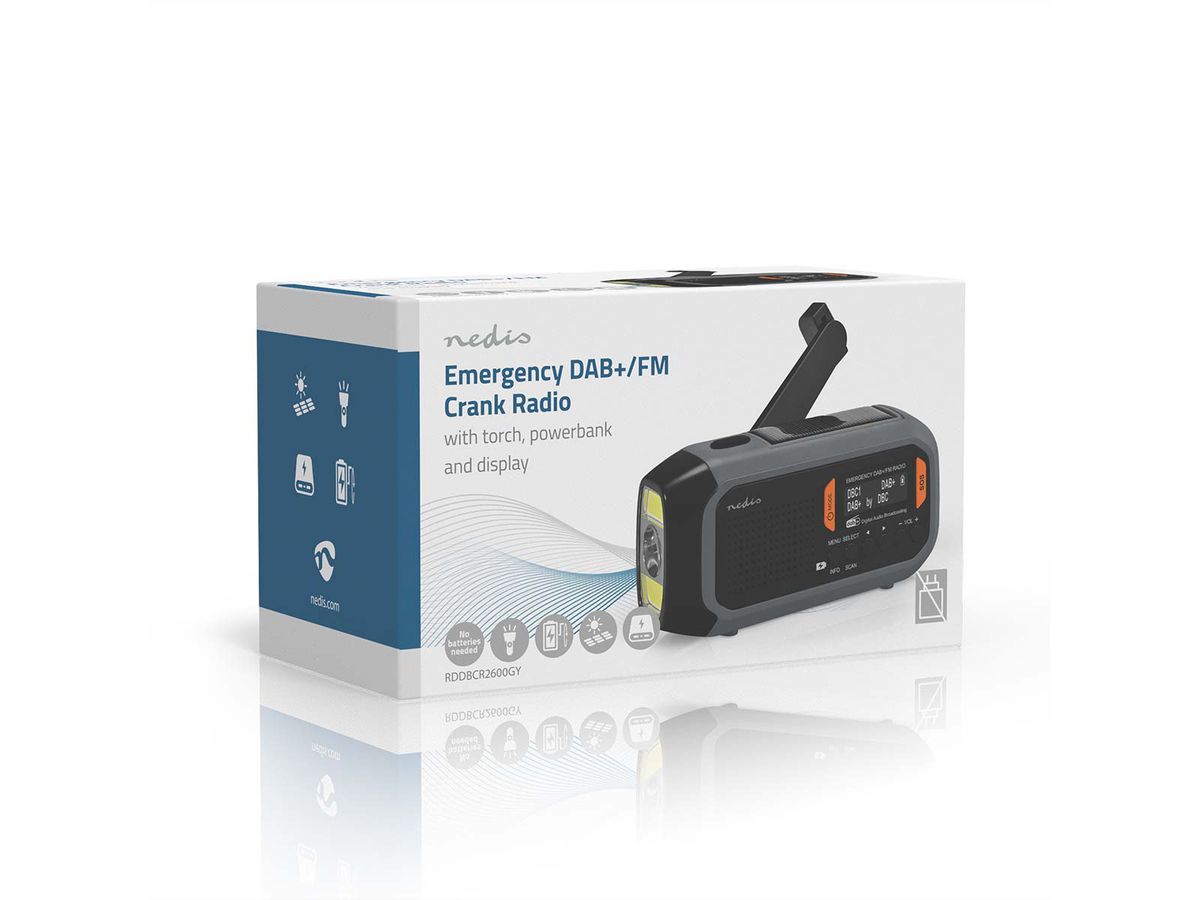 Radio d'urgence Nedis DAB FM avec manivelle, panneau solaire et batterie externe, Radio d'urgence portable pour les situations d'urgence, le camping et les activités de plein air