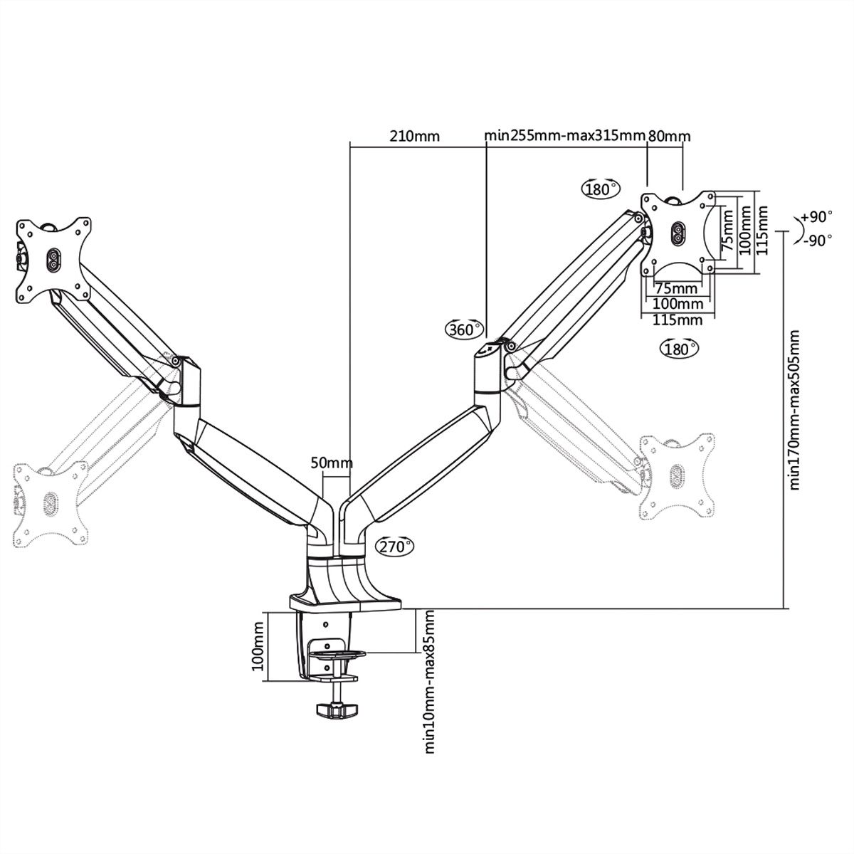 VALUE Bras double LCD, vérin à gaz, 6 articulations, fixation sur bureau