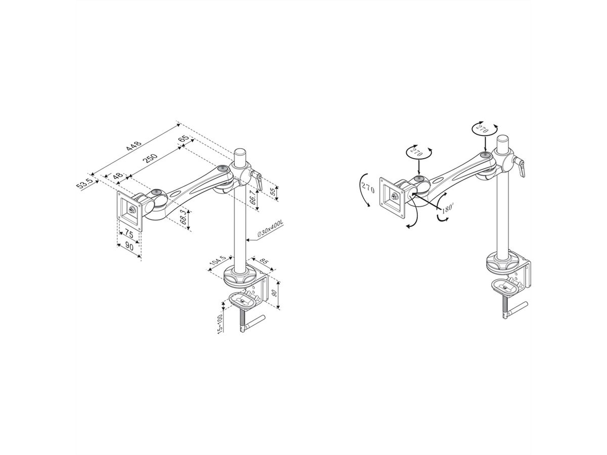 ROLINE Bras LCD pivotant, 3 points, pince de fixation