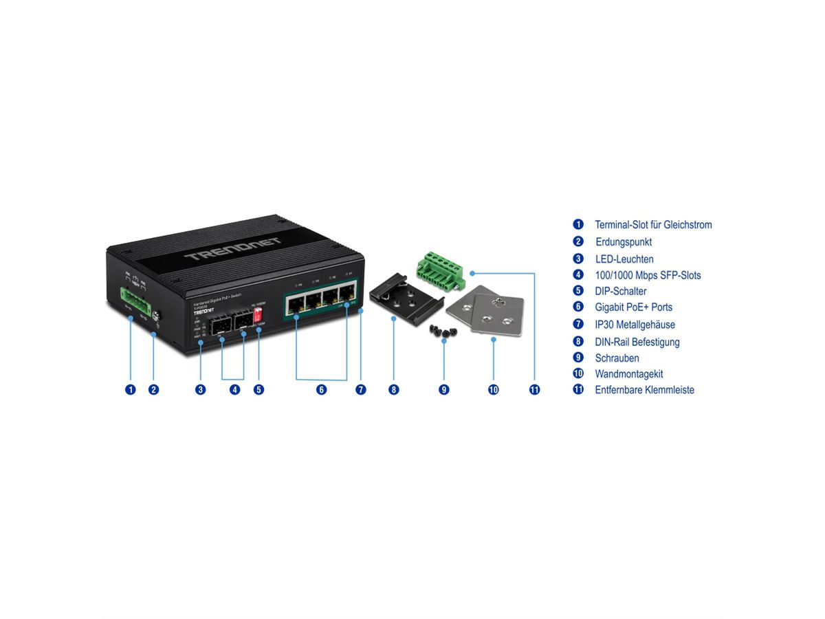 TRENDnet TI-PG62B 7-Port Switch PoE+ 2SFP Industrial Gigabit