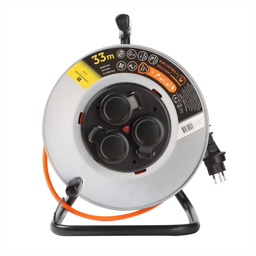 Kabelrolle Metall 3xT13, EPR-PUR H07BQ-F 3G1.5mm2,33m,IK09, orange