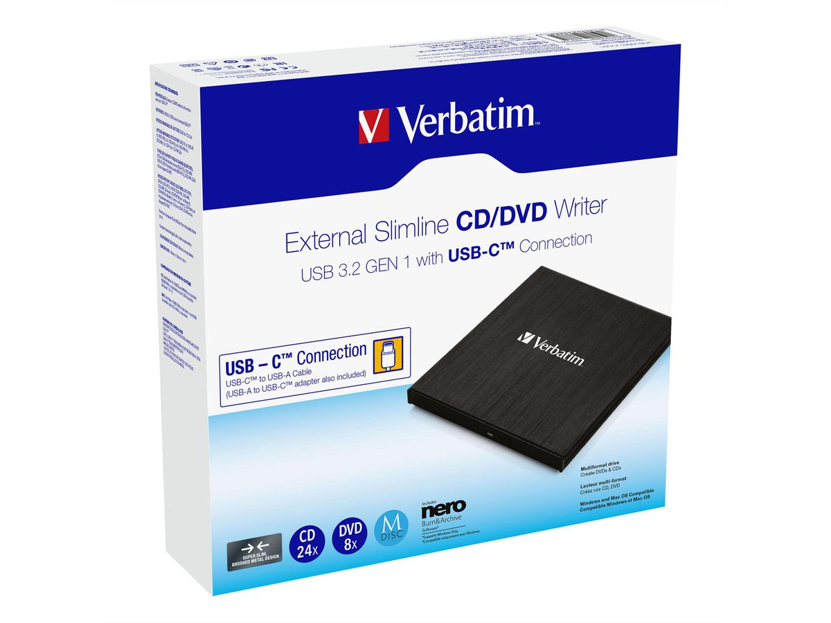 Verbatim CD/DVD Lecteur externe, USB-C 3.2, 1,5 GBit/s