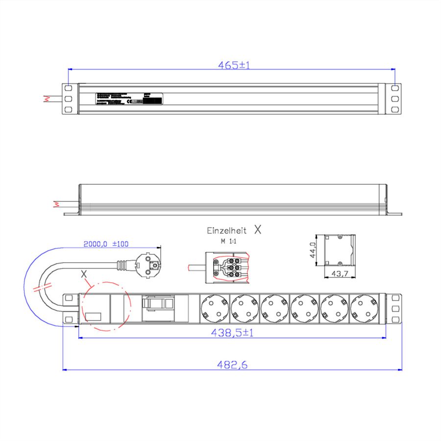 BACHMANN 19" 1U 6xCEE7/3 1xFI courant 2,0m CEE7/7