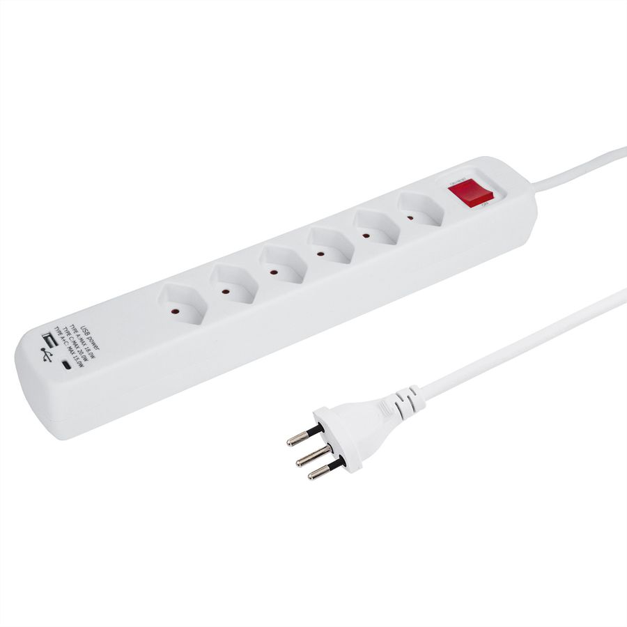 Steffen Bloc multiprises PowerEasy 6 prises, 1x USB-A, 1x USB-C, avec interrupteur, blanc, 1.5m