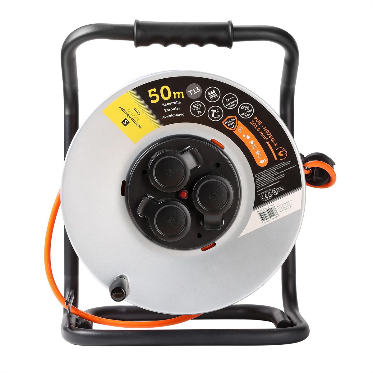 Kabelrolle Metall 3xT13, EPR-PUR H07BQ-F 3G1.5mm2,50m,IK09, orange