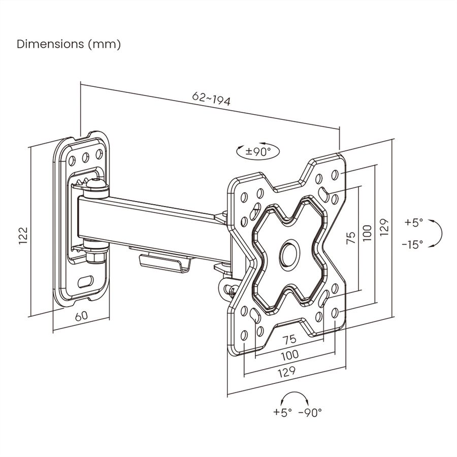 ROLINE Bras TV mural pivotant, 2 axes, 13-32 pouces, jusqu'à 20 kg