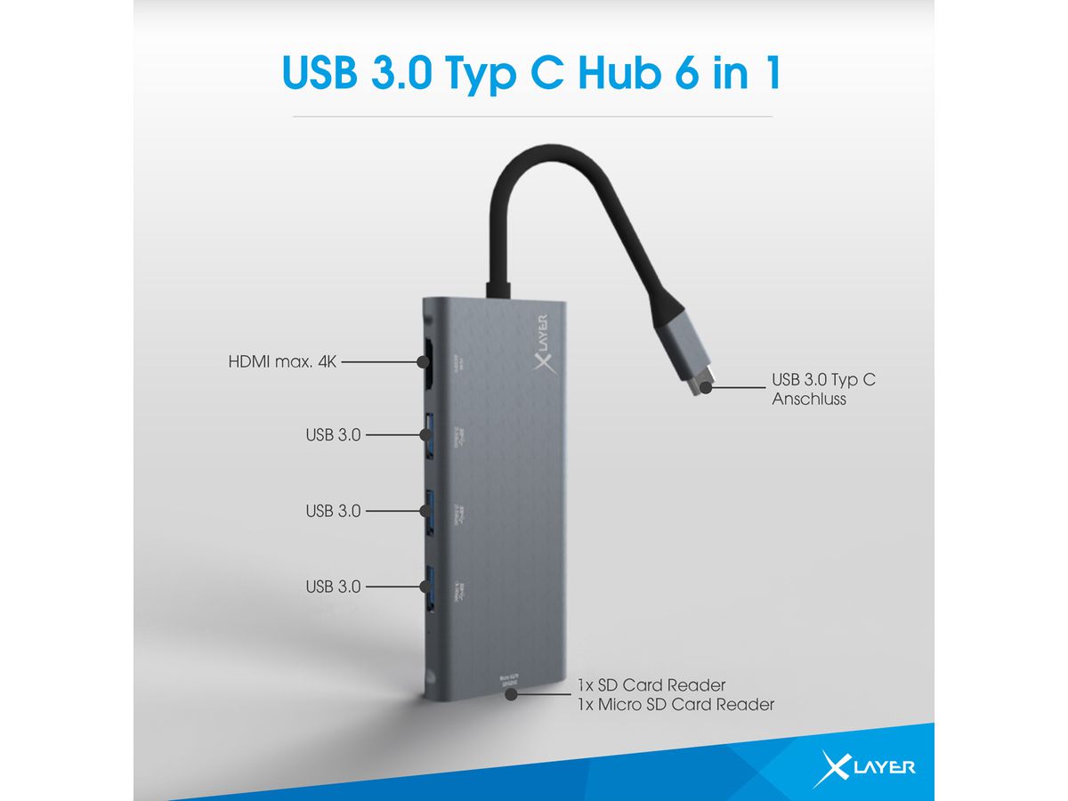 Xlayer USB 3.0 HUB  Typ C 6-IN-1 grau 3xUSB A,1xHDMI,1xSD Slot,1xMicro SDSlot