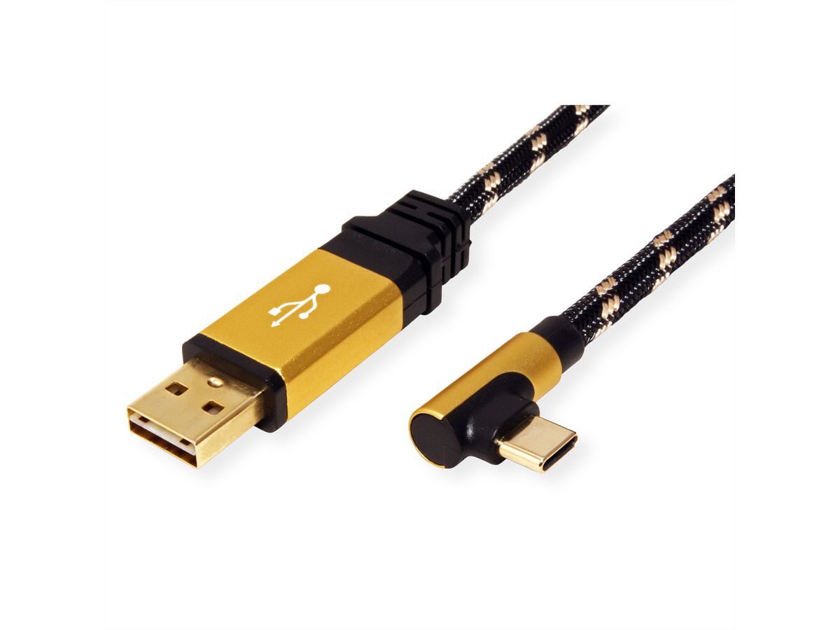 ROLINE GOLD Câble USB 2.0, USB-A mâle reversible - USB-C mâle, 90° coude, 1,8 m