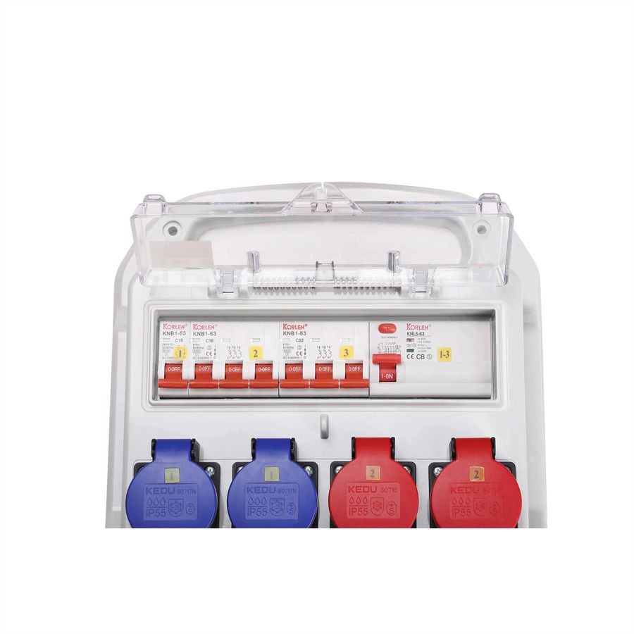 Stromverteiler 32A IP44/IP55 + FI Input , 1xCEE32/5 1xCEE16/5 2xT23 2xT25  , grau