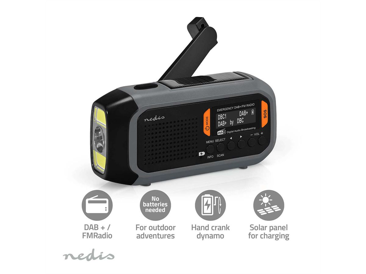 Radio d'urgence Nedis DAB FM avec manivelle, panneau solaire et batterie externe, Radio d'urgence portable pour les situations d'urgence, le camping et les activités de plein air