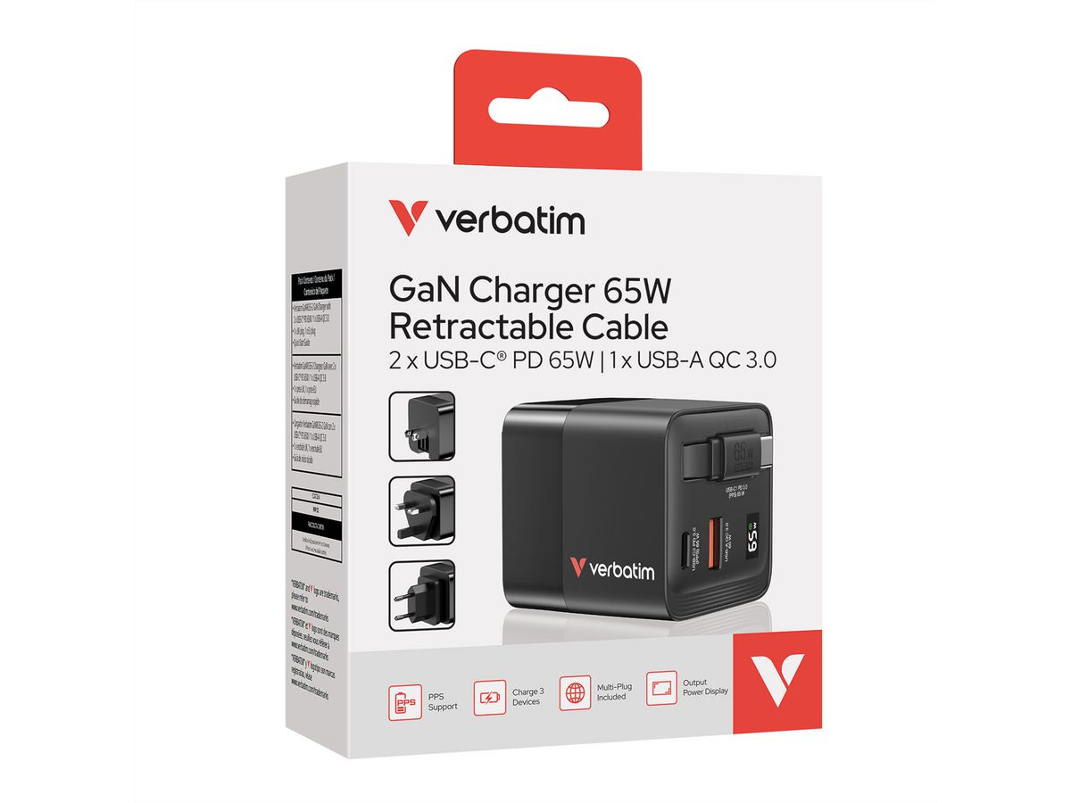 Verbatim GaN 2 Port Charger 65W, 1x USB-C, 1x USB-A