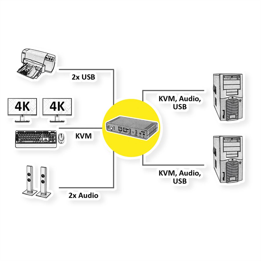 ROLINE Switch KVM Dual Head Audio, HDMI, 4K60, 1 Utilisateur - 2 PCs