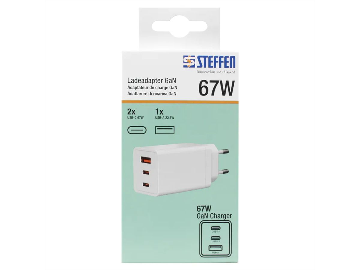 Steffen Ladeadapter GaN 67W , 1xUSB-A + 2xUSB-C max. 5.85A