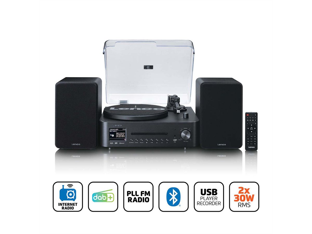 Lenco MC-760BK - Hi-Fi-Stereoanlage mit Plattenspieler und Lautsprechern, Internetradio, DAB+, FM, Bluetooth®, CD/MP3-Player - Schwarz