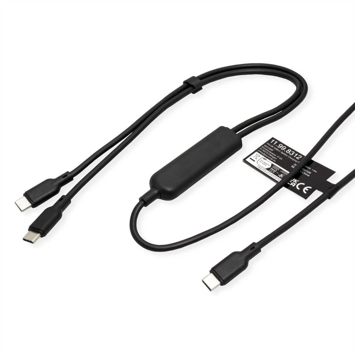 VALUE USB Typ C Split-Ladekabel, C - 2x C, ST/ST, max. 100W, schwarz, 1,8 m