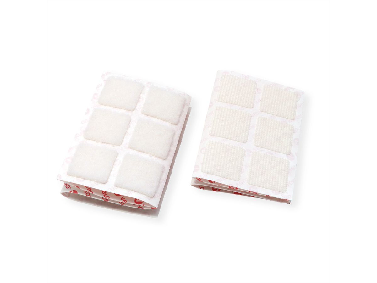 VELCRO® Boutons carrés 25x25mm x 24 blncs, crochets & velours autocollants