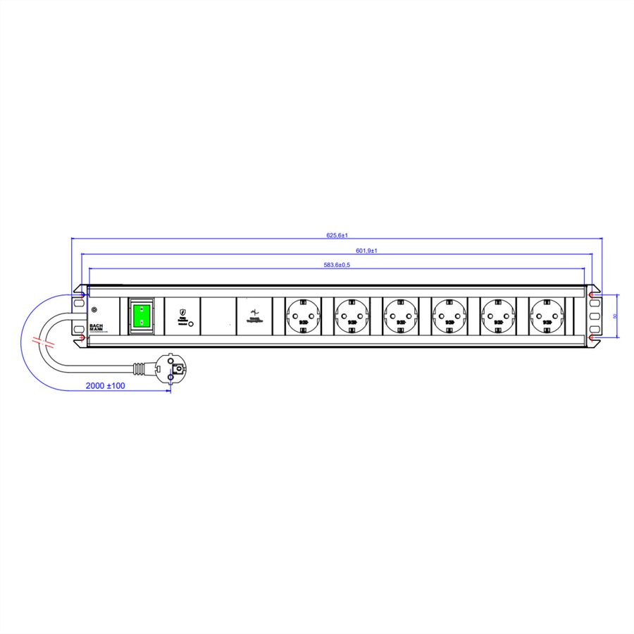 BACHMANN Multiprise 6xCEE7/3 1xGVS-Plus 1xinterrupteur 2,0m