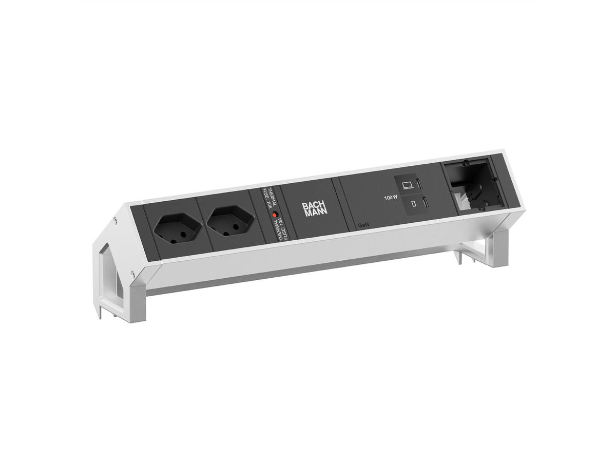 BACHMANN DESK2 2xCH 90° 1xUSB C/C 100W, 1xCM L=0,2m INOX