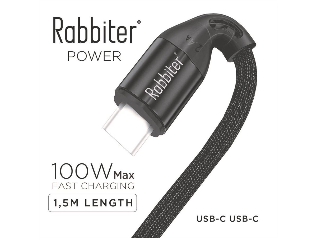 Rabbiter Power USB-C Kabel, 100W, 1.5m, schwarz, 1,5 m