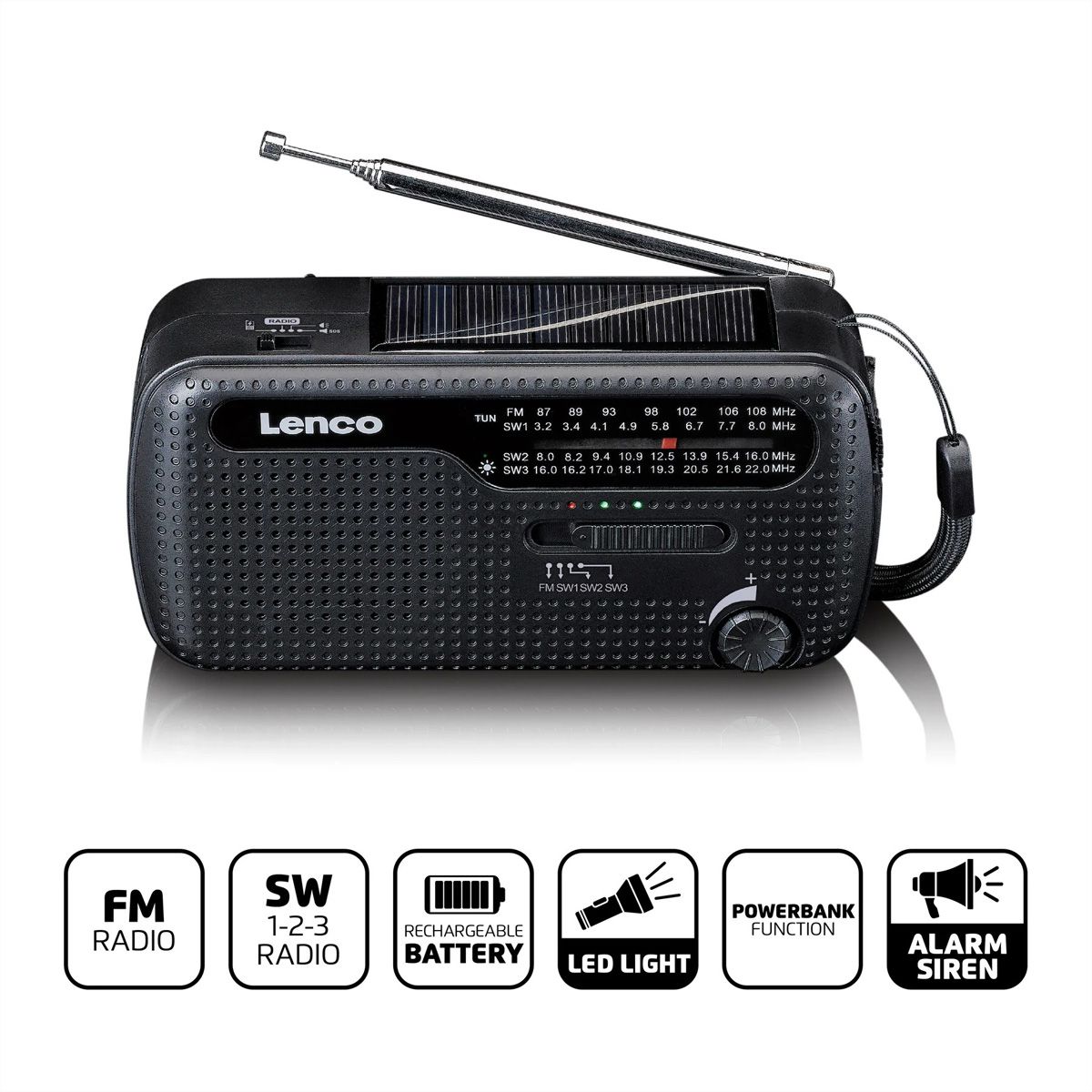 Lenco Notfall Kurbelradio MCR-113BK, FM/KW, Powerbank, Taschenlampe