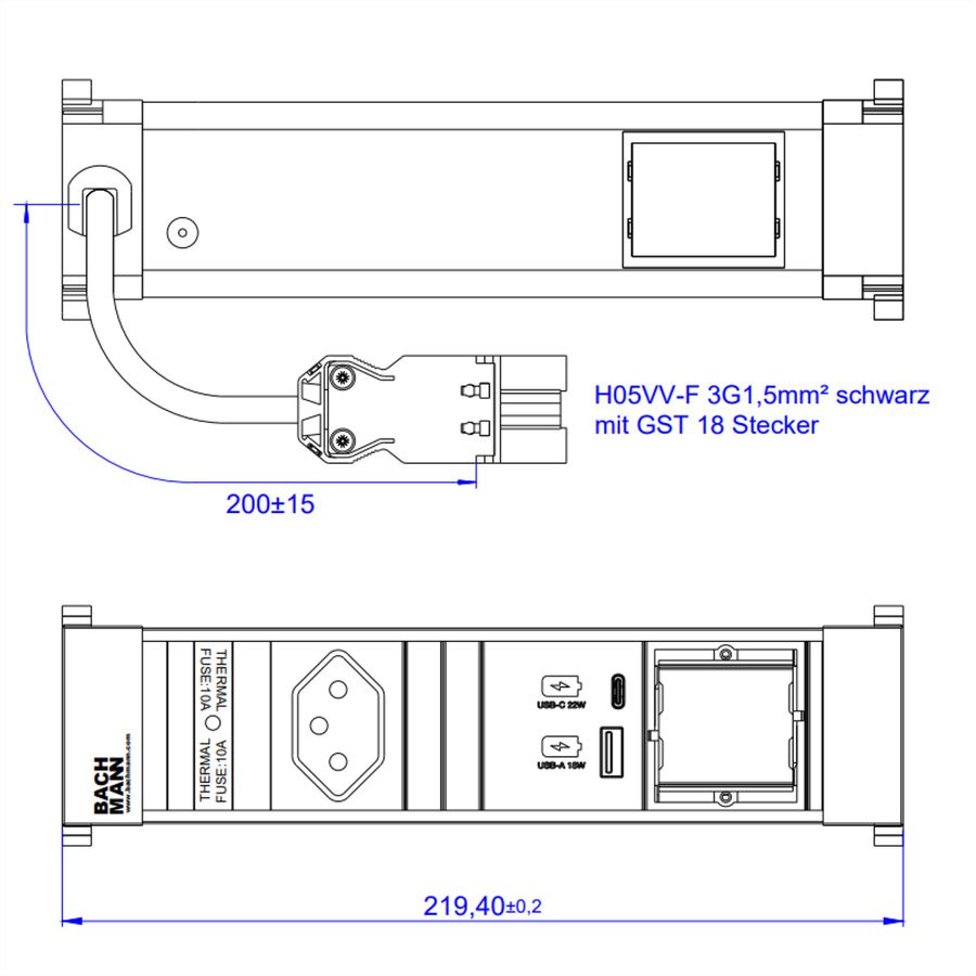 BACHMANN POWER FRAME S 1xCH 1xCM, 1xUSB A&C 22W 0,2m GST18 Schweiz
