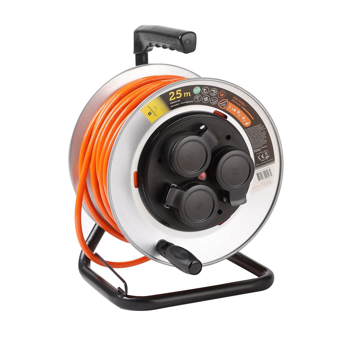 Kabelrolle Metall 3xT13, EPR-PUR H07BQ-F 3G1.5mm2,25m,IK09, orange