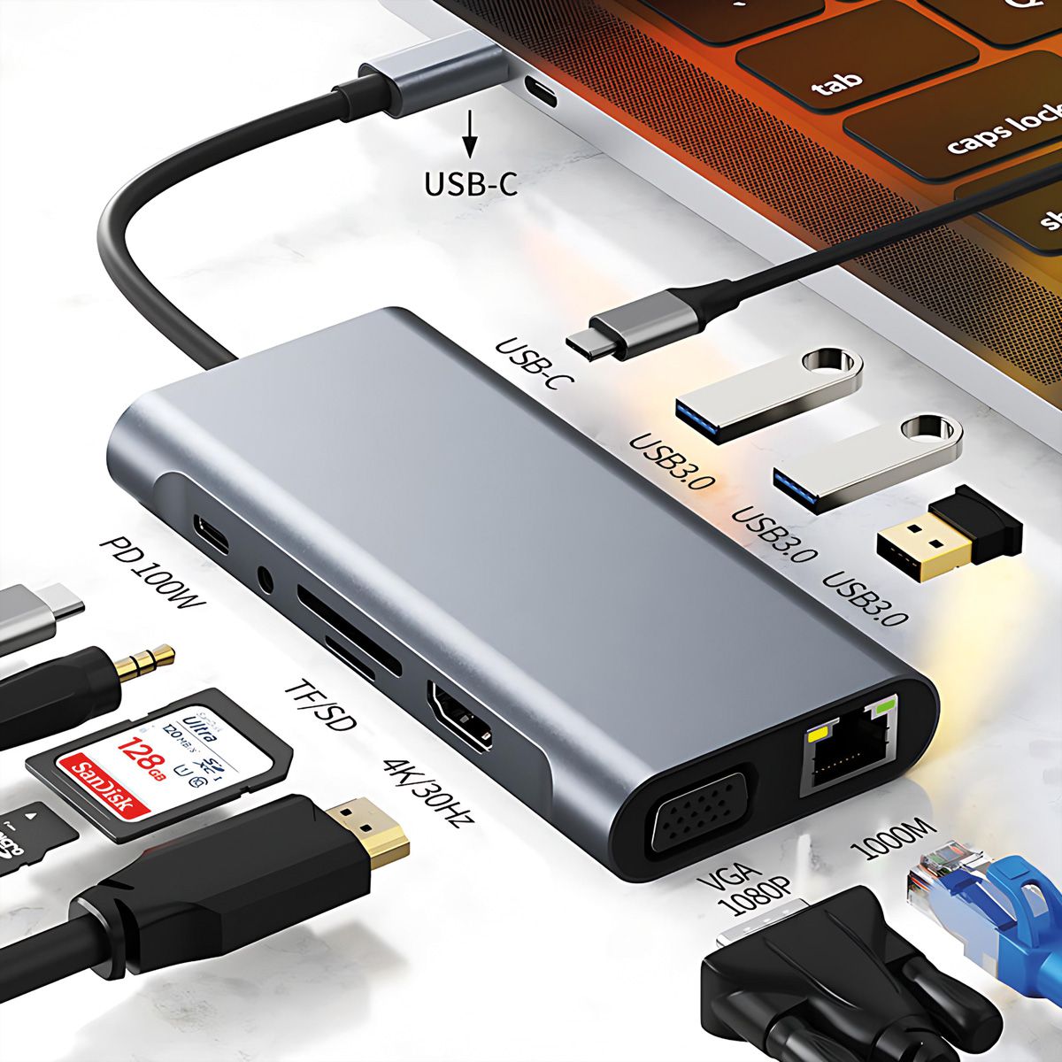 VALUE USB Typ C Docking Station, HDMI 4K60, 1x Gigabit Ethernet, 2x USB A + Typ C PD, 1x SD/microSD, 1x Audio