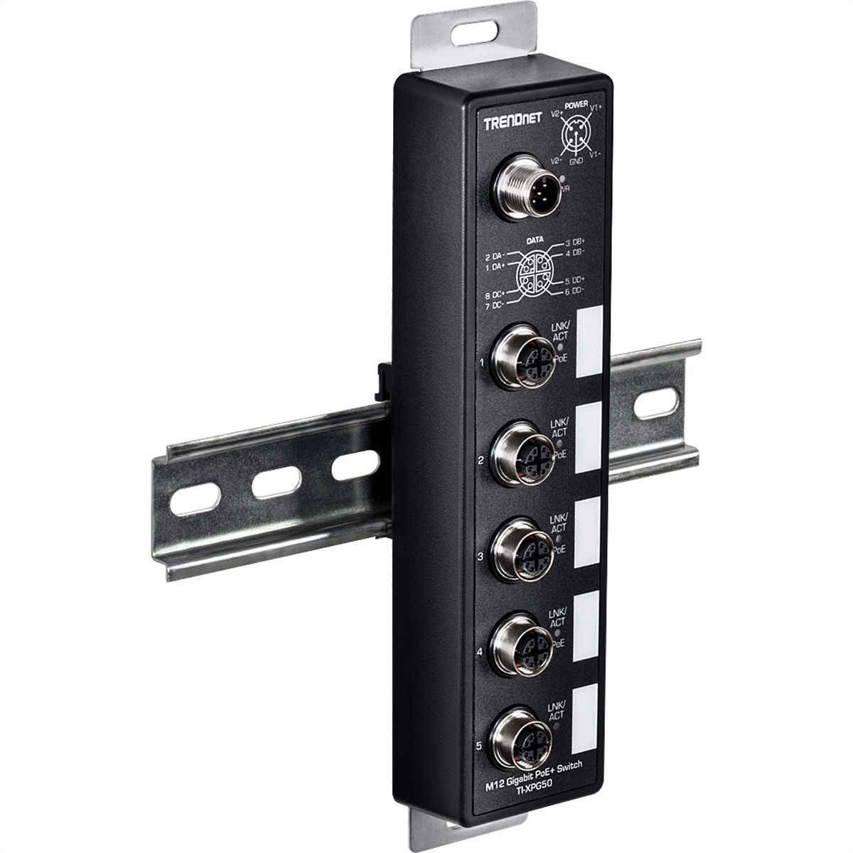 TRENDnet TI-XPG50 PoE+ Railway Switch, 5-Port Industrial EN50155 M12 Gigabit