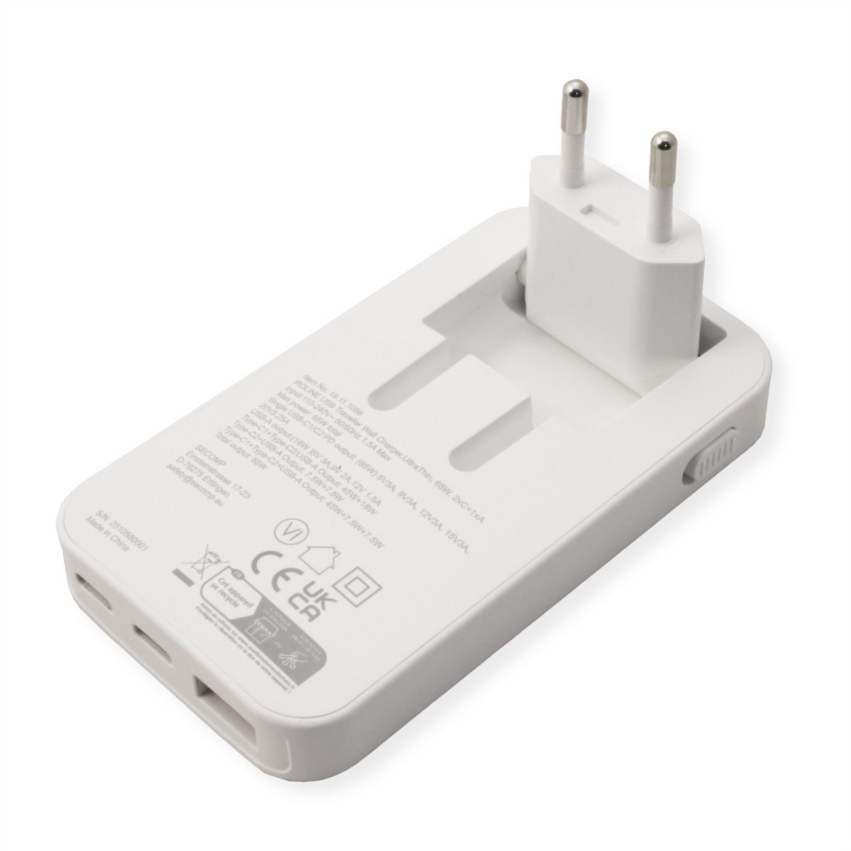 ROLINE Chargeur USB extra plat, avec prise Euro pliable, 65W