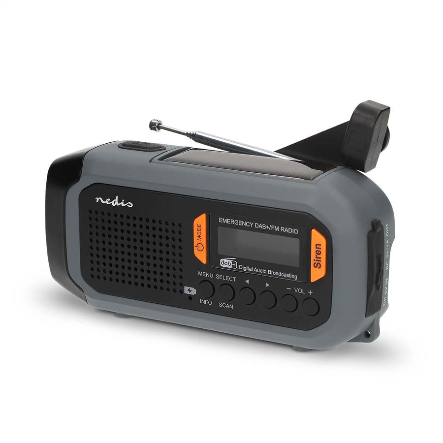 Nedis Notfallradio DAB FM mit Handkurbel Solarpanel und Powerbank, Tragbares Notfallradio fuer Notfaelle, Camping und Outdoor Anwendungen