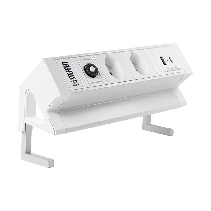 Steffen Tisch-Steckdosenleiste Alu Desk, 2xT13, 1xUSB-A, 1xUSB-C, 1.5m, weiss