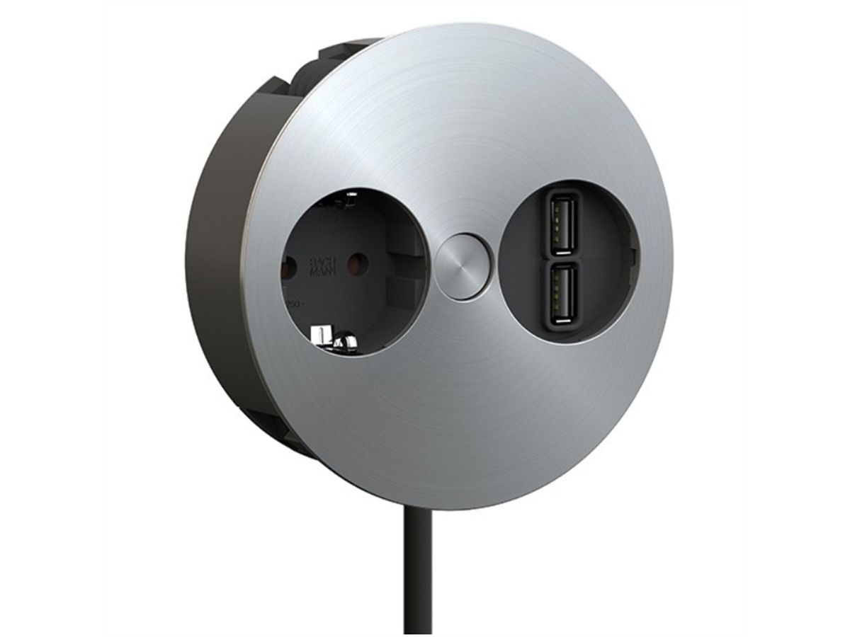 BACHMANN TWIST 1x Schutzkontakt, Aderendhülsen, USB-Charger, Schutzkontaktmontagestecker, silberfarben, 2 m