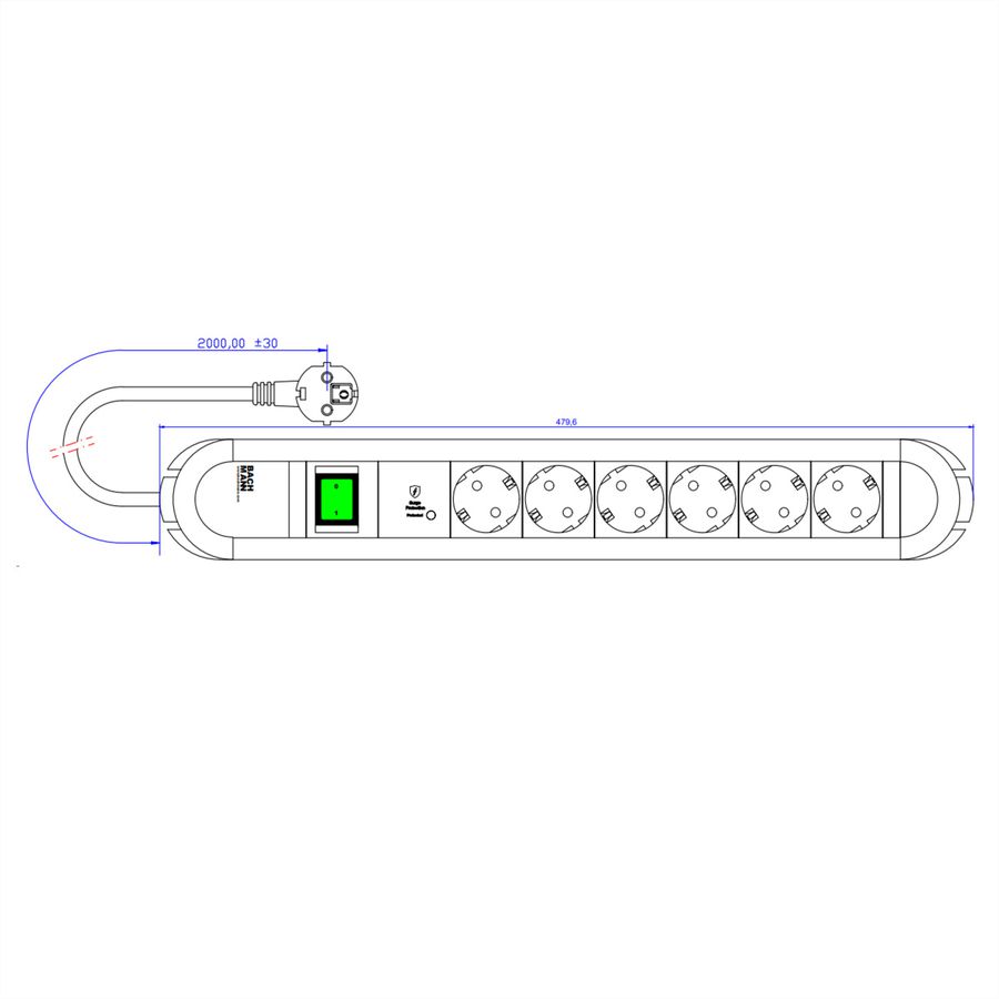 BACHMANN PRIMO 6xCEE7/3 1xSPD-Plus 1xinterrupteur 2,0m CEE7/7