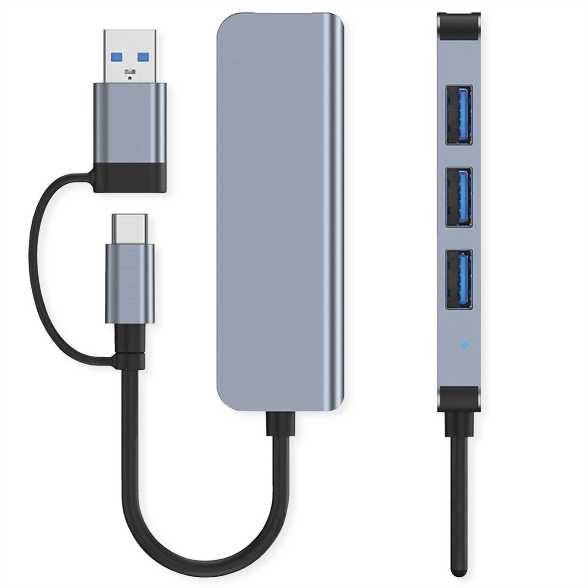 VALUE USB3.2 Gen1 Metall Hub, 4fach Typ A, (1x USB 3.2Gen1 + 3x USB 2.0), Typ A+C Anschlusskabel